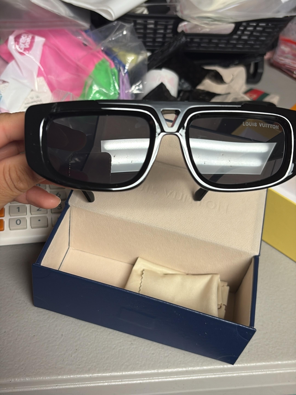 Louis Vuitton Black Sunglasses with Silver Trim - Rectangular Designer Accessory